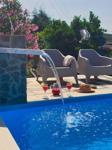 a pool with a water fountain with two glasses of wine at Imperio de Memorias - Casa de Campo in Vale Bordalo