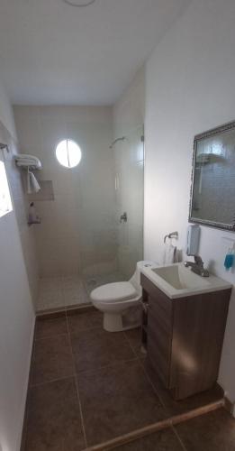 a bathroom with a toilet and a sink and a shower at Comunidad Regenerativa Ixtapan de la Sal in Ixtapan de la Sal