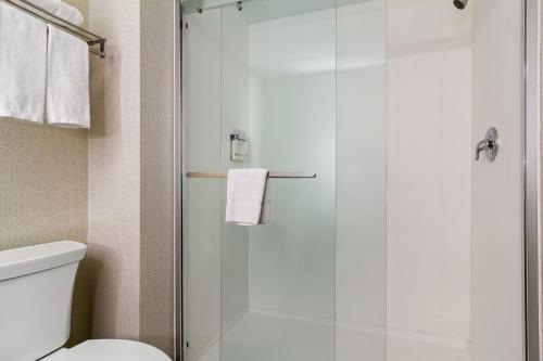a bathroom with a shower with a white toilet at Holiday Inn Express & Suites Jacksonville South East - Medical Center Area by IHG in Jacksonville