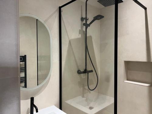 La salle de bains est pourvue d'une douche avec un miroir et un lavabo. dans l'établissement Cosy climatisé Quartier Endoume, à Marseille