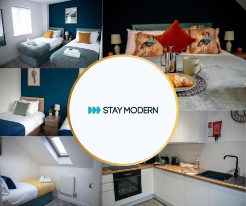 a collage of four pictures of a kitchen and a room at 4-Bed, Sleeps 6, contractors welcome! in Peterborough