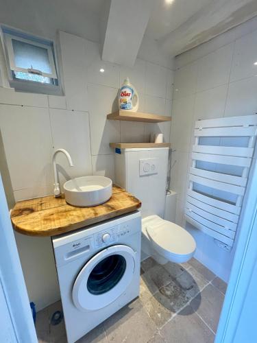 une salle de bain avec machine à laver et toilettes dans l'établissement Maison corse au calme, à Porto-Vecchio