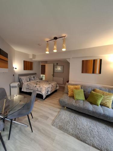 a living room with a couch and a bed at Mariners Rest One Bedroom Apartment in Innishannon Village in Cork