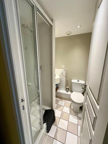 une salle de bain avec toilettes et douche en verre dans l'établissement Les Jardins d'Opale 1, à Le Touquet-Paris-Plage