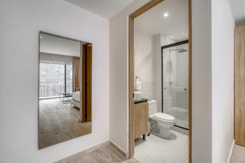 a bathroom with a toilet and a mirror at Myla Chapultepec in Mexico City