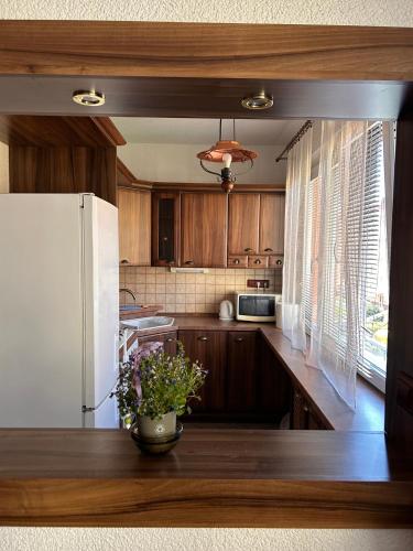 a kitchen with wooden cabinets and a white refrigerator at Wonderful house in Sokolov