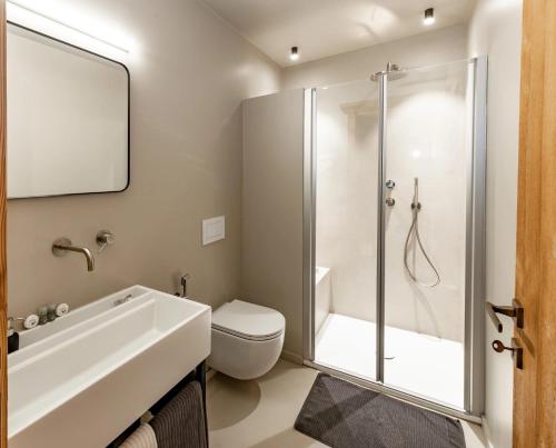 a bathroom with a shower and a toilet and a sink at La Tana Lodge & SPA in La Colla
