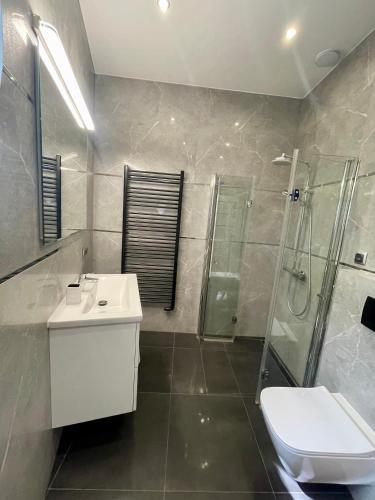 a bathroom with a shower and a toilet and a sink at Apartament Navy Blue z tarasem in Serock