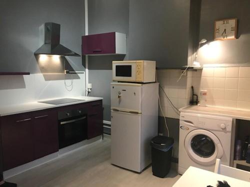 une cuisine avec un lave-linge et un micro-ondes dans l'établissement Studio idéalement placé, calme et proche centre ville, à Saint-Étienne