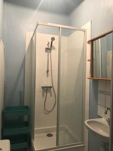 une douche avec une porte vitrée dans une salle de bain dans l'établissement Studio idéalement placé, calme et proche centre ville, à Saint-Étienne