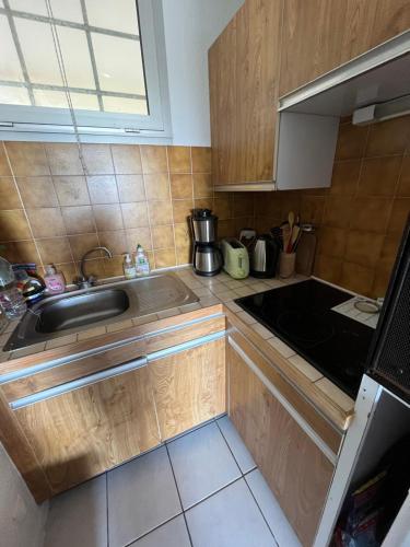 une petite cuisine avec un évier et une cuisinière dans l'établissement Le grand large, 50m de la mer, à Carnac