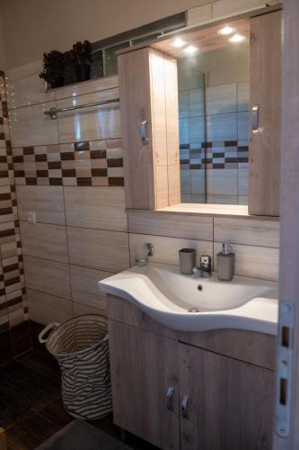 a bathroom with a sink and a mirror at TSABAS BEACH SIDE APARTMENTS ΤΣΑΜΠΑΣ παραλιακά διαμερίσματα 1 in Kyllini