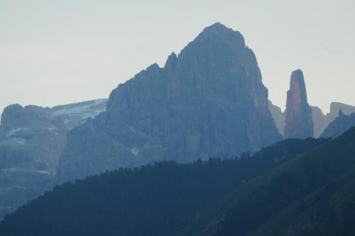 a large mountain range with trees in the foreground at Appartamento Ciclamino in Andalo