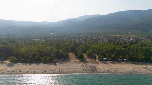 an aerial view of a beach with trees and a city at House Alexandros in Asprovalta