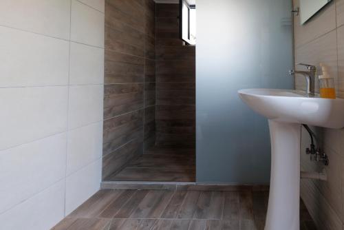 a bathroom with a sink and a shower at House Alexandros in Asprovalta