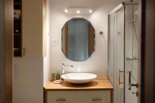 a bathroom with a sink and a shower with a mirror at Edison Villa 214 in Fonyód