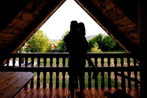 a woman standing on a balcony looking out a window at Apartment Iko in Rakovica