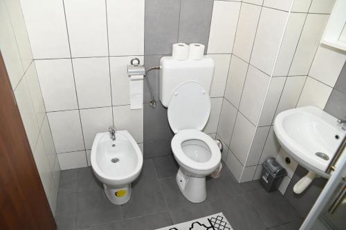 a small bathroom with a toilet and a sink at Apartman TEA Trebinje in Trebinje