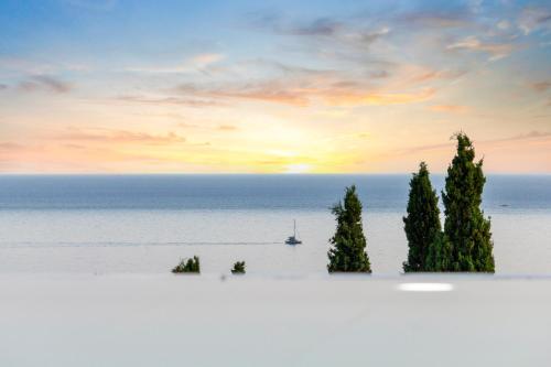 a boat in the ocean with trees in the foreground at Momento Suites in Vlachata