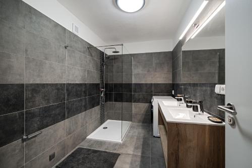 a bathroom with a sink and a toilet in it at Apartmány Stříbřec 146 in Jindrichuv Hradec