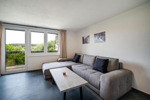 a living room with a couch and a table at Apartmány Stříbřec 146 in Jindrichuv Hradec