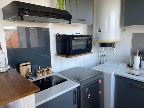 une petite cuisine avec un évier et un micro-ondes dans l'établissement Pleinitude palais des congres, au Mans