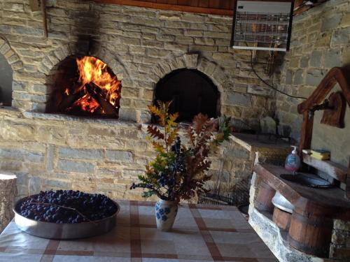 a stone fireplace in a kitchen with a fire pit at Villa Fiikova in Medven