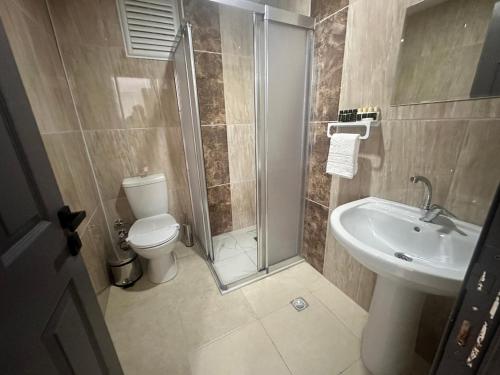 a bathroom with a shower and a toilet and a sink at Avka Palace in Edirne