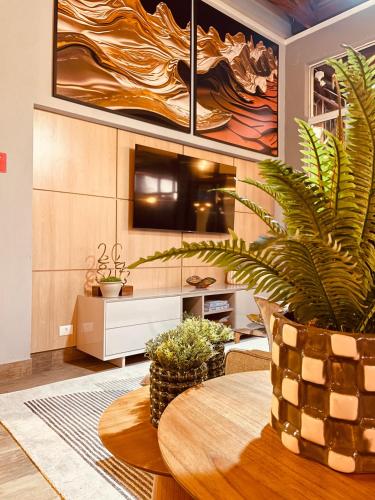 a living room with a table and a plant at Pousada Cantinho da Serra in Campos do Jordão