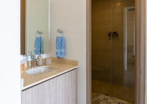 a bathroom with a sink and a shower at Elemnt Rentals in Santa Marta