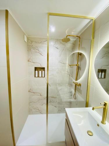 une salle de bain avec douche et lavabo dans l'établissement L appart Quimperois Centre ville, à Quimper