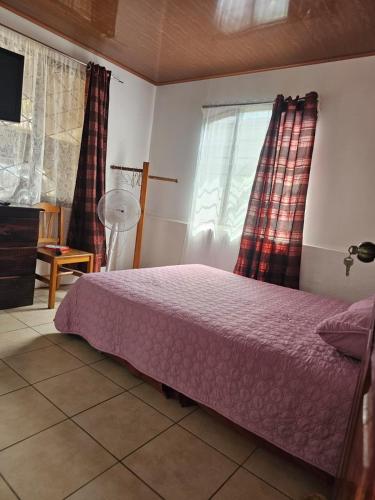 a bedroom with a pink bed and a window at Country house in San Pablo