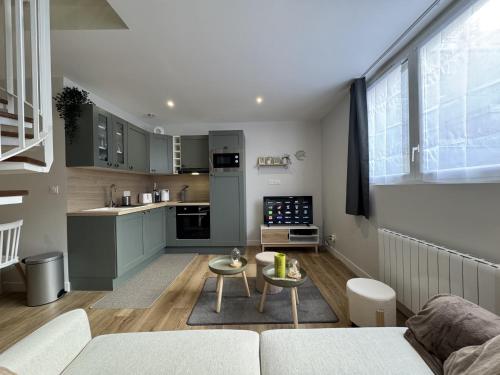 un salon avec un canapé et une cuisine dans l'établissement Duplex in Le Mans near 24 Hours Circuit, au Mans