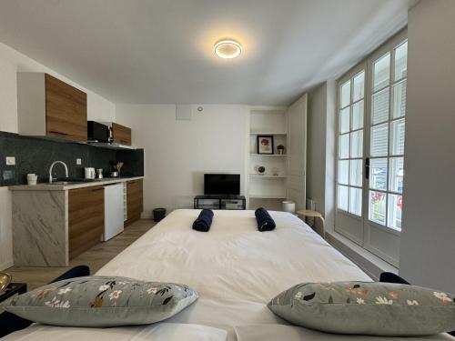 une chambre avec un grand lit blanc avec deux oreillers dans l'établissement Apartment in Le Mans with Private Terrace, au Mans