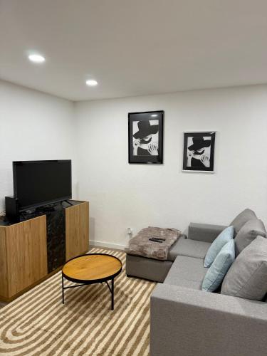 a living room with a couch and a tv at Casa do Viriato in Guarda