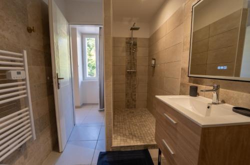 une salle de bain avec un lavabo et une douche avec un miroir dans l'établissement Charmant Studio avec Parking Gratuit, à Vals-les-Bains