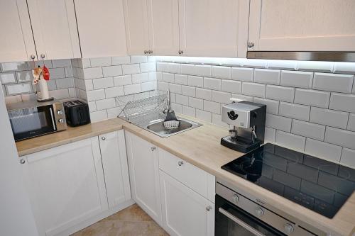 eine Küche mit Spüle und Mikrowelle in der Unterkunft Hrebet House in Borowez