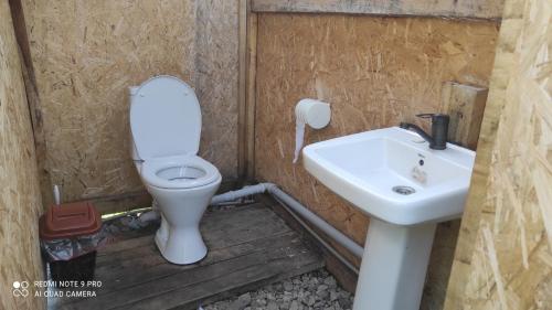 a bathroom with a toilet and a sink at Ernis Yurt Camp in Mineralʼnyy Istochnik Altyn-Arasan