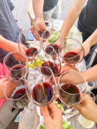 a group of people holding up glasses of wine at D A L Premium Capsule Hotel in Seoul