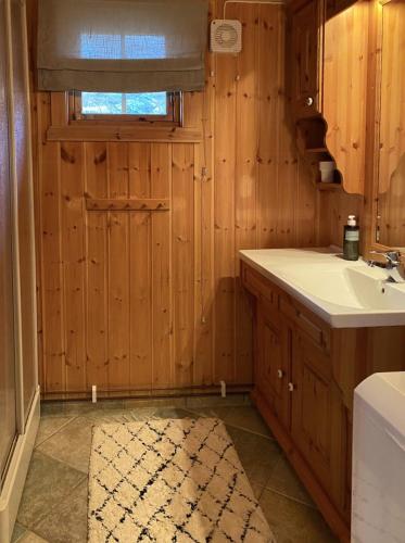 a bathroom with wooden walls and a sink and a window at Family Fun Cabin In Engerdals Heart in Nymoen