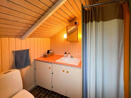 un baño con lavabo e inodoro en Charming Summerhouse With A View Of The Limfjord, en Roslev