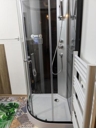 une douche avec une porte vitrée dans une salle de bain dans l'établissement Chez Cornélia, à Estaing