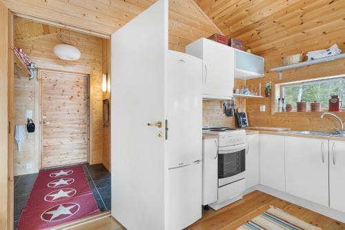 a kitchen with white appliances and wooden walls at Seaside Cabin With Panoramic Views In Oterstranda in Inndyr