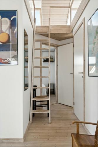a room with a loft bed and a ladder at Cozy Home By Limfjord With Bathing Jetty in Snedsted