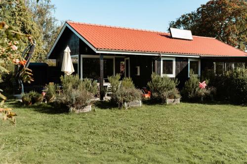 a house with an umbrella and some plants in a yard at Rosemary House Is A Peaceful Family Getaway in Rødvig