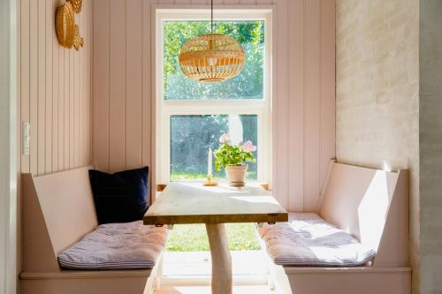a room with two chairs and a table in front of a window at An Intimate Get-Away By The Sandvig Bay in Haderslev