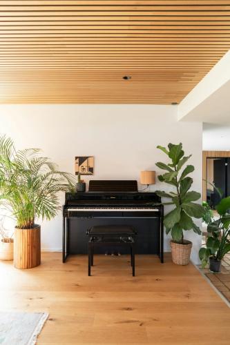 a black piano in a room with potted plants at Modern Exclusivity In 60S House Near Dyngby Beach in Odder
