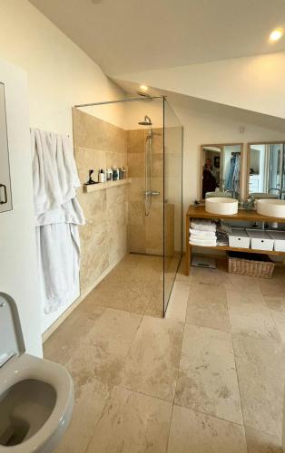a bathroom with a shower and a sink and a toilet at Architect-Designed House With Private Beach in Løgstrup