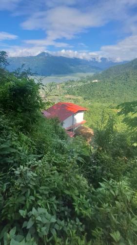 a red and white building in a field of grass at Kailash villa and restro in Pokhara