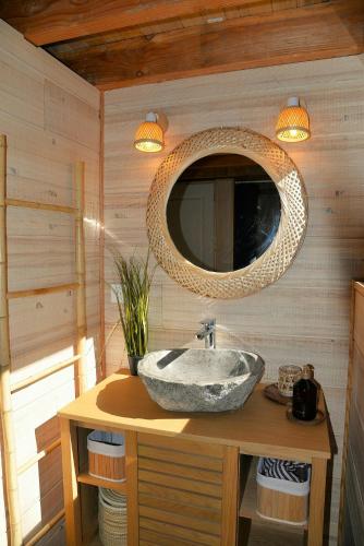 une salle de bain avec un lavabo et un miroir dans l'établissement Treehouse Lodge In The Dentelles De Montmirail, à Lafare